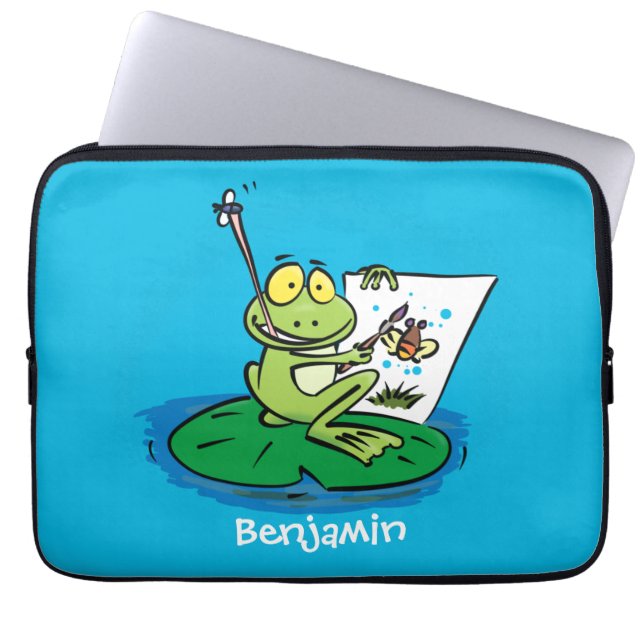 Cute funny green frog cartoon illustration  laptop sleeve (Front)