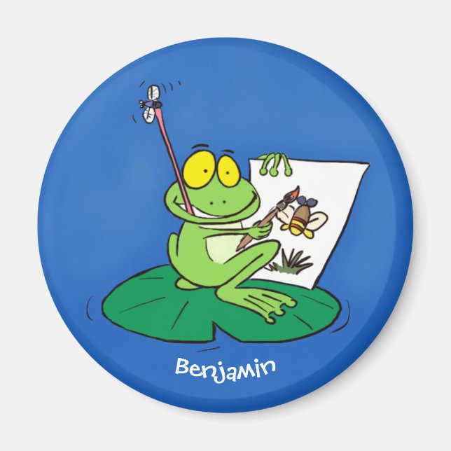 Cute funny green frog cartoon illustration magnet (Front)