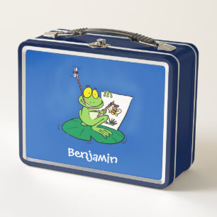 Cute funny green frog cartoon illustration metal lunch box