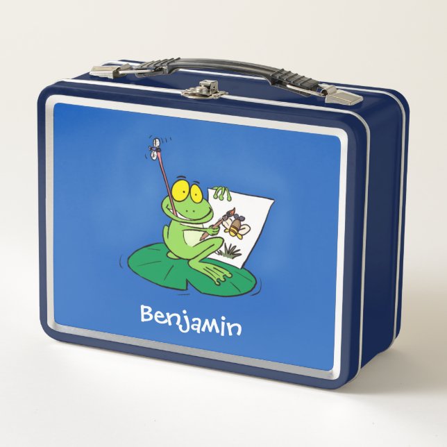 Cute funny green frog cartoon illustration metal lunch box (Front)