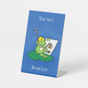 Cute funny green frog cartoon illustration pedestal sign
