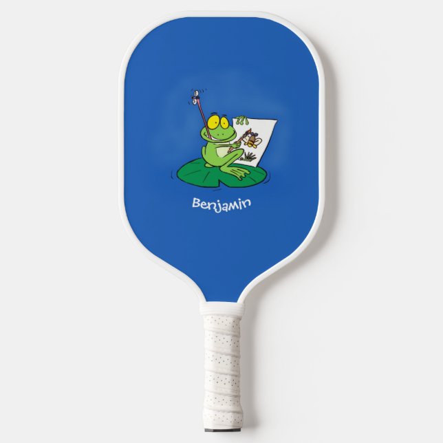 Cute funny green frog cartoon illustration pickleball paddle (Front)