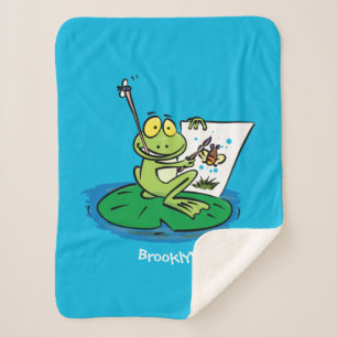 Cute funny green frog cartoon illustration sherpa blanket