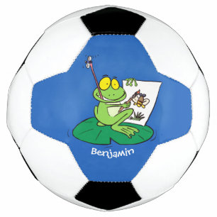 Cute funny green frog cartoon illustration soccer ball