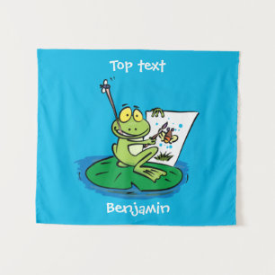 Cute funny green frog cartoon illustration  tapestry