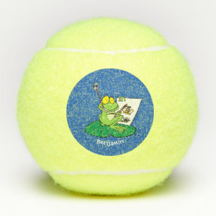 Cute funny green frog cartoon illustration tennis balls