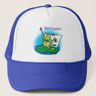 Cute funny green frog cartoon illustration trucker hat