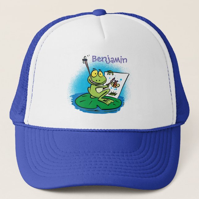 Cute funny green frog cartoon illustration trucker hat (Front)