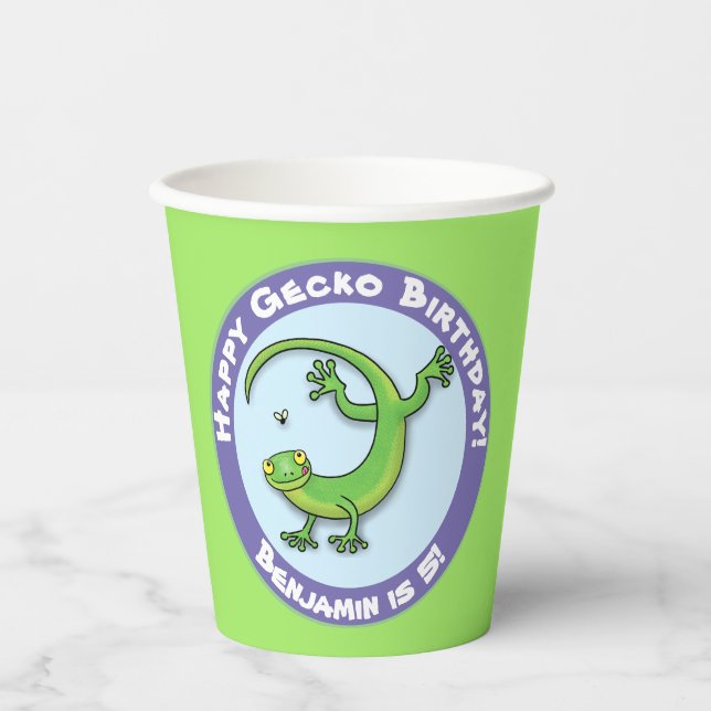 Cute funny green gecko cartoon paper cups (Front)