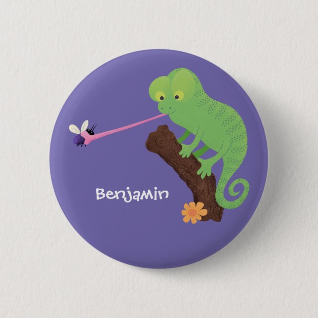 Cute funny green happy chameleon lizard cartoon 6 cm round badge (Front)