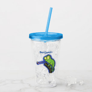 Cute funny green happy chameleon lizard cartoon acrylic tumbler