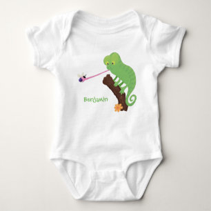 Cute funny green happy chameleon lizard cartoon baby bodysuit