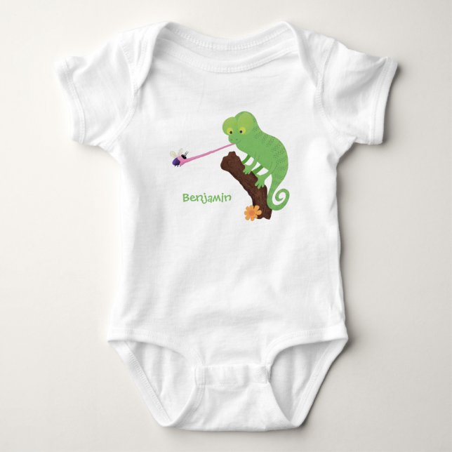 Cute funny green happy chameleon lizard cartoon baby bodysuit (Front)
