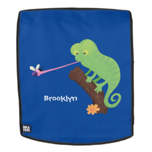Cute funny green happy chameleon lizard cartoon backpack