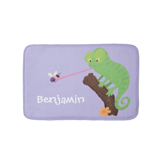 Cute funny green happy chameleon lizard cartoon bath mat (Front)