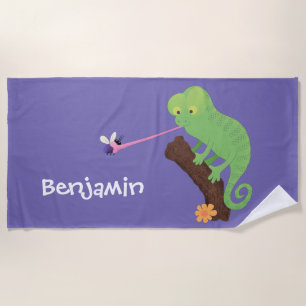 Cute funny green happy chameleon lizard cartoon beach towel