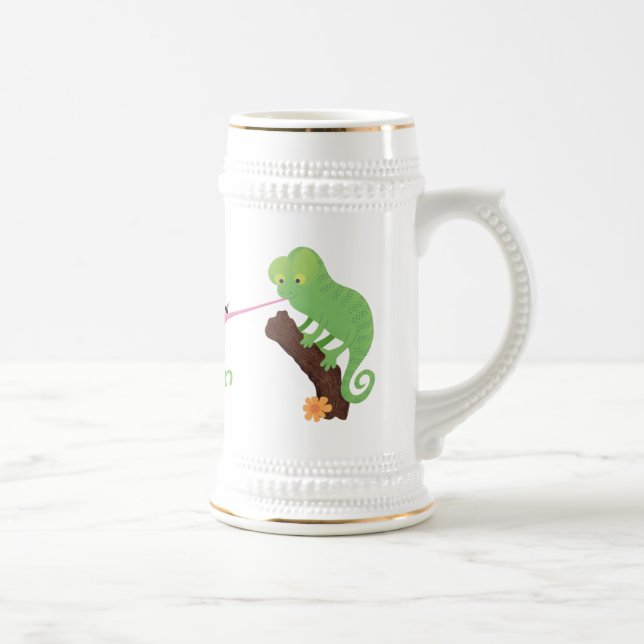 Cute funny green happy chameleon lizard cartoon beer stein (Right)