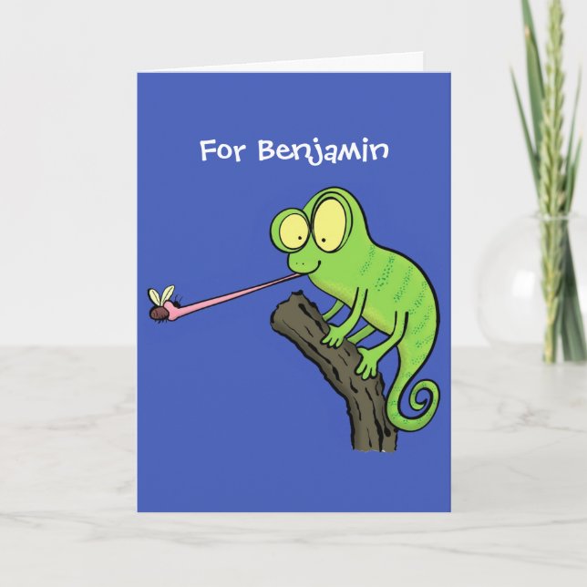 Cute funny green happy chameleon lizard cartoon card (Front)