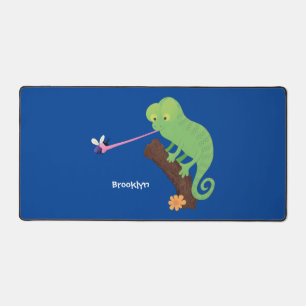 Cute funny green happy chameleon lizard cartoon desk mat