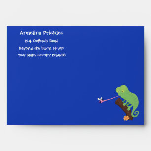Cute funny green happy chameleon lizard cartoon envelope