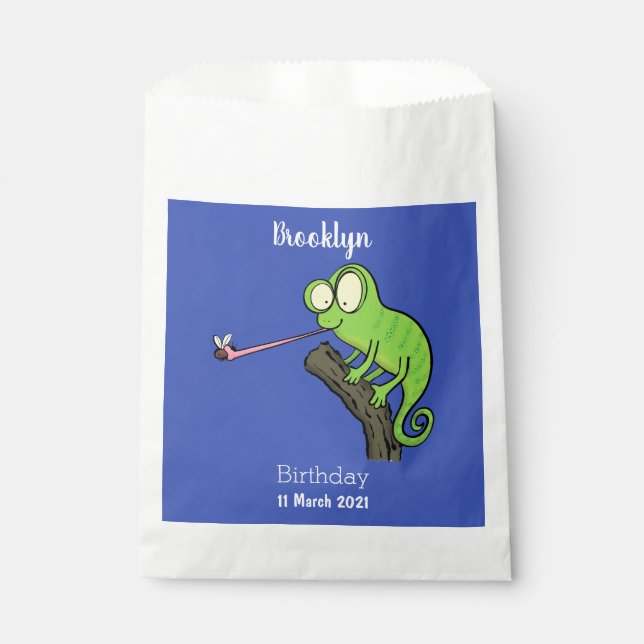 Cute funny green happy chameleon lizard cartoon favour bags (Front)