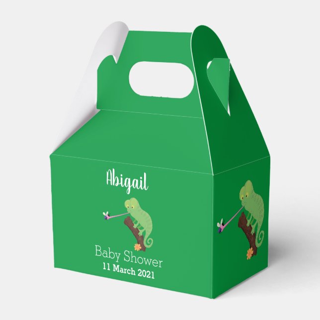 Cute funny green happy chameleon lizard cartoon favour box (Front Side)