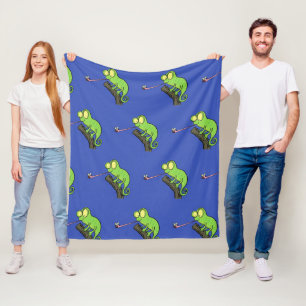 Cute funny green happy chameleon lizard cartoon fleece blanket