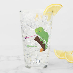 Cute funny green happy chameleon lizard cartoon glass
