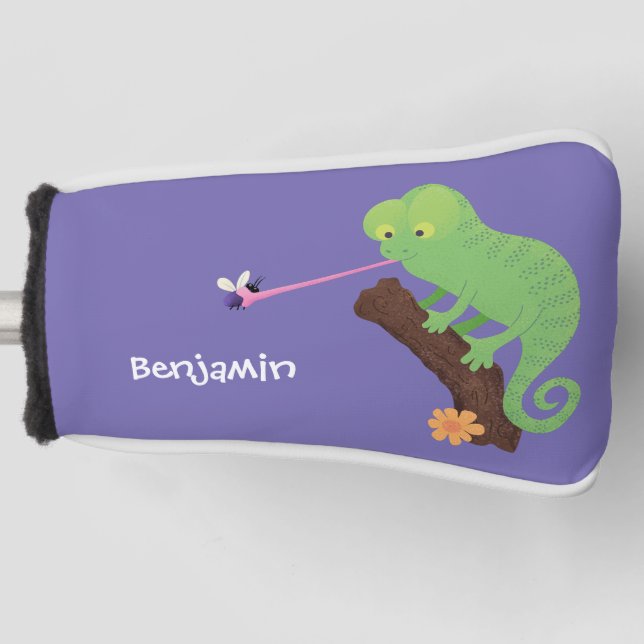 Cute funny green happy chameleon lizard cartoon golf head cover (Front)