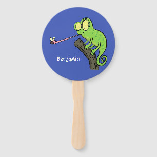 Cute funny green happy chameleon lizard cartoon hand fan