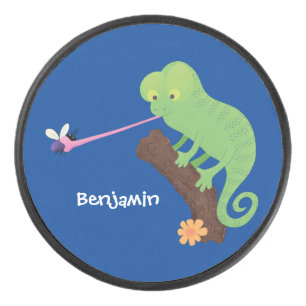 Cute funny green happy chameleon lizard cartoon hockey puck