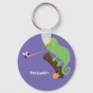 Cute funny green happy chameleon lizard cartoon key ring