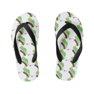 Cute funny green happy chameleon lizard cartoon kid's jandals