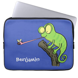 Cute funny green happy chameleon lizard cartoon laptop sleeve