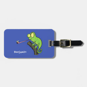 Cute funny green happy chameleon lizard cartoon luggage tag