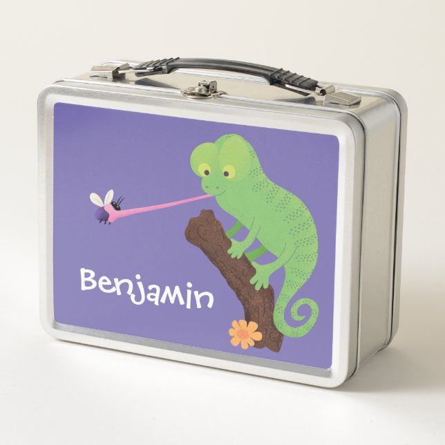 Cute funny green happy chameleon lizard cartoon metal lunch box (Front)