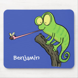 Cute funny green happy chameleon lizard cartoon mouse pad
