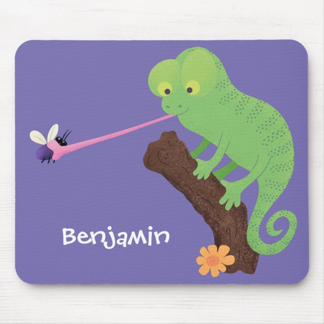 Cute funny green happy chameleon lizard cartoon mouse pad (Front)