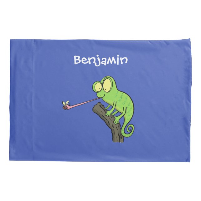 Cute funny green happy chameleon lizard cartoon pillowcase (Back)