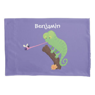 Cute funny green happy chameleon lizard cartoon pillowcase