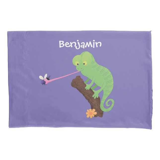 Cute funny green happy chameleon lizard cartoon pillowcase (Front)
