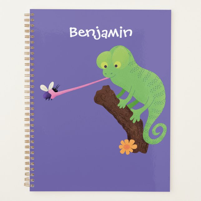 Cute funny green happy chameleon lizard cartoon planner (Front)