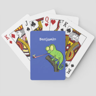 Cute funny green happy chameleon lizard cartoon playing cards