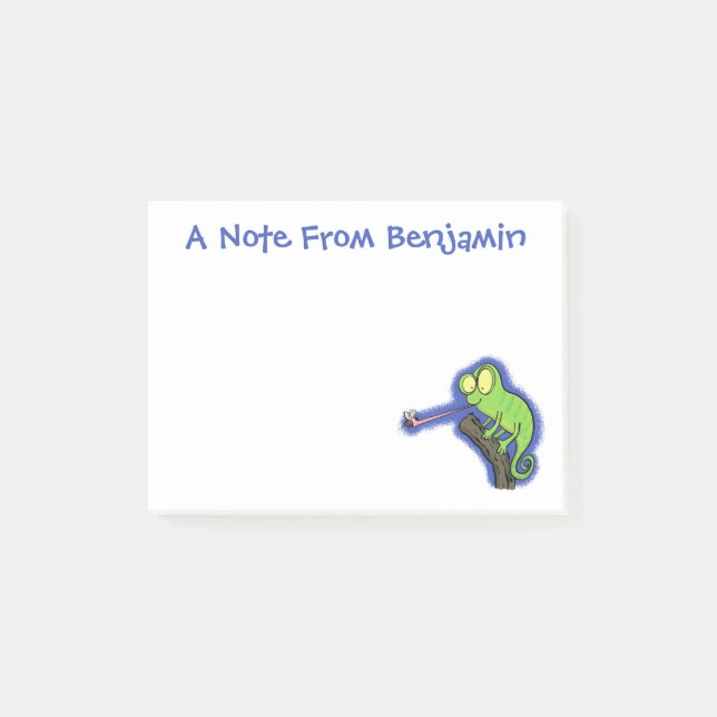 Cute funny green happy chameleon lizard cartoon post-it notes (Front)