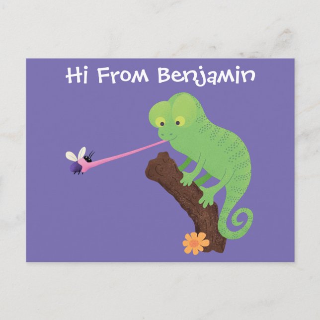 Cute funny green happy chameleon lizard cartoon postcard (Front)