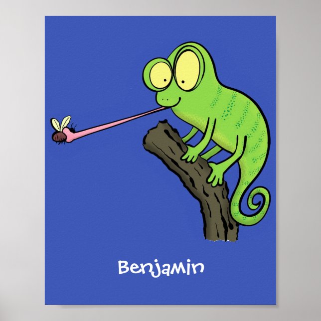 Cute funny green happy chameleon lizard cartoon poster (Front)