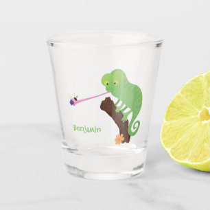 Cute funny green happy chameleon lizard cartoon shot glass