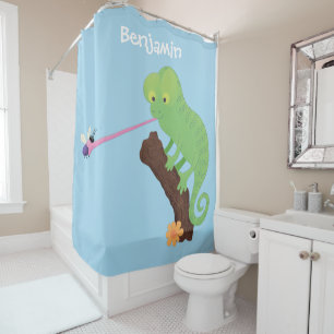 Cute funny green happy chameleon lizard cartoon shower curtain