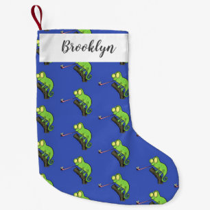 Cute funny green happy chameleon lizard cartoon small christmas stocking