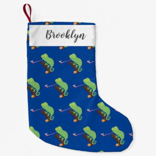 Cute funny green happy chameleon lizard cartoon small christmas stocking